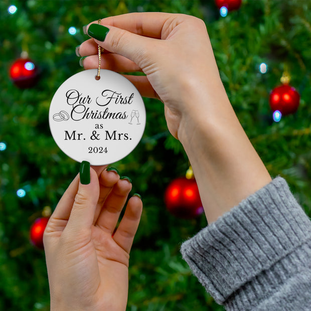 Christmas Mr and Mrs Ceramic Ornament, First Married Holiday Gift, Newlyweds Keepsake Decoration, Tree Decor, Wedding Present, Xmas Bauble,