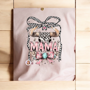 Western Mama Tee – Pink Checkered Skull & Bow Design on Gildan Heavy Cotton