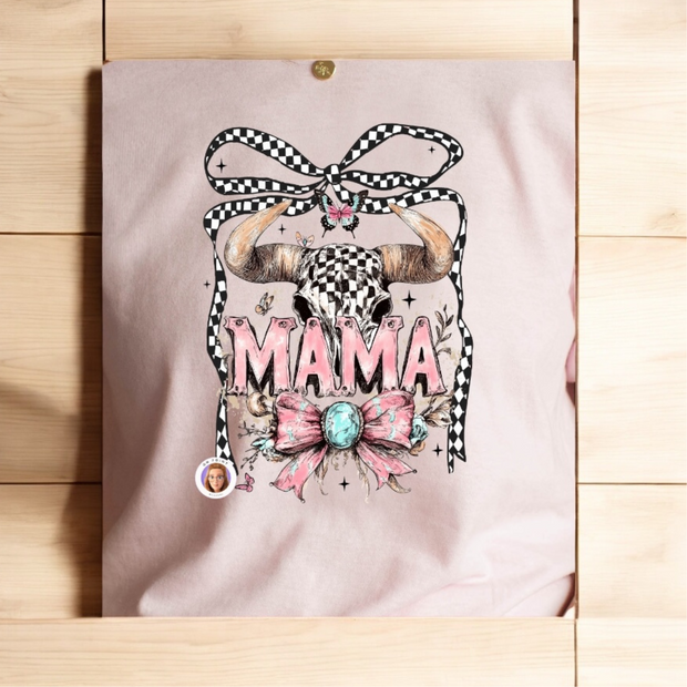 Western Mama Tee – Pink Checkered Skull & Bow Design on Gildan Heavy Cotton
