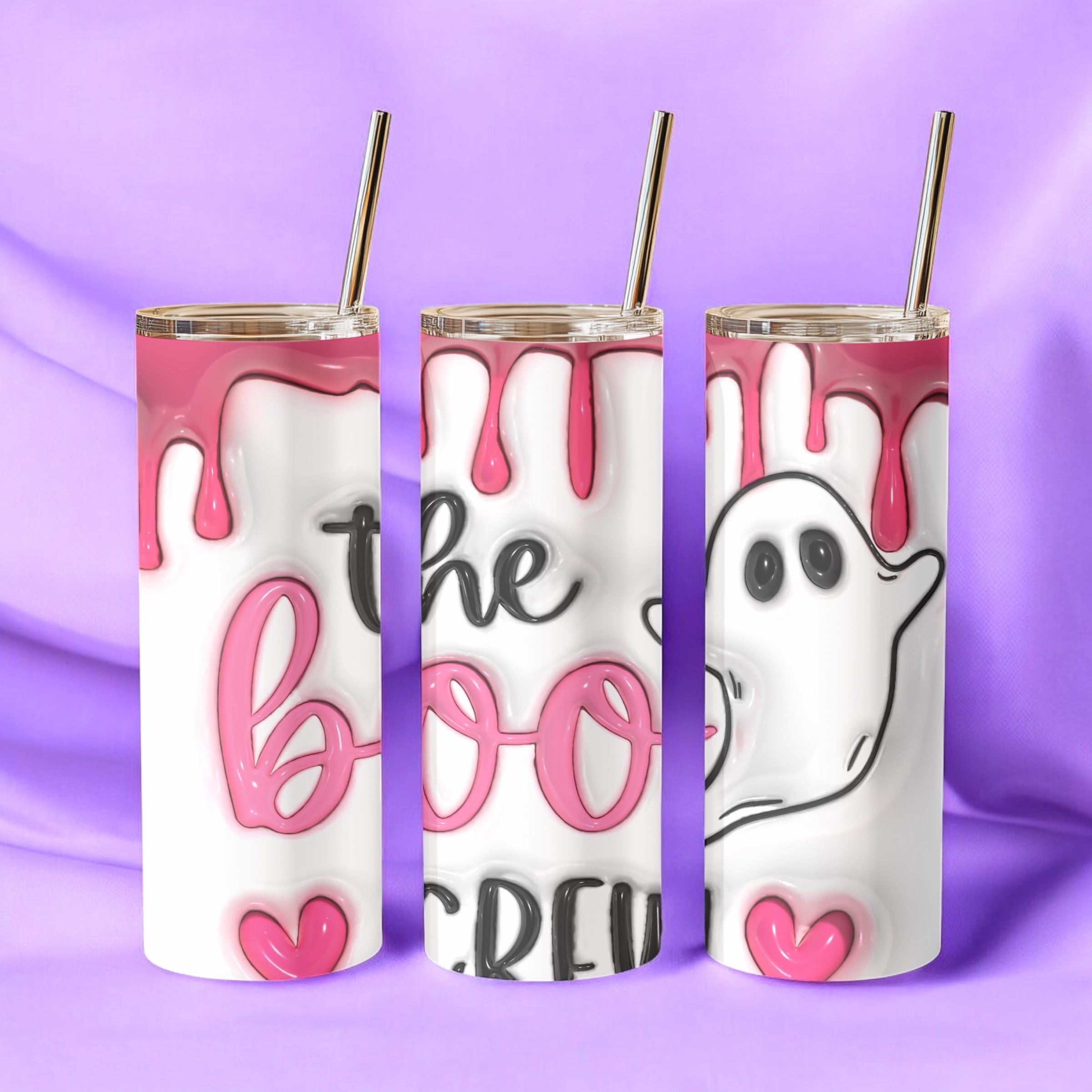 Sip in spooky style! The Boo Crew ghost tumbler features a pink drip design, 20oz insulated size, and comes with straw & lid – perfect for Halloween