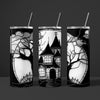 Haunted House Halloween Tumbler – Black & White Gothic Spooky Cup with Straw (20oz Skinny