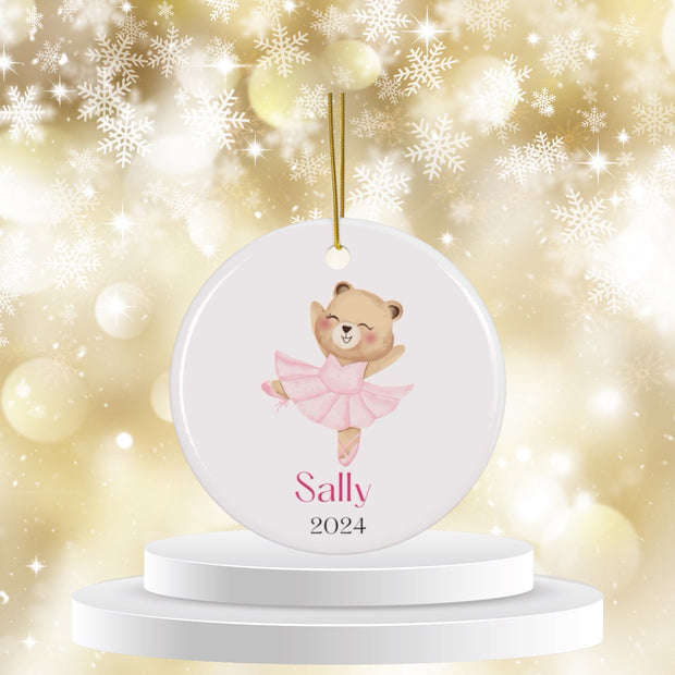 Ballerina Bear Ceramic Ornament, Personalized Christmas Tree Decoration, Holiday Gift, Ballet Lover, Keepsake Ornament, Custom Name