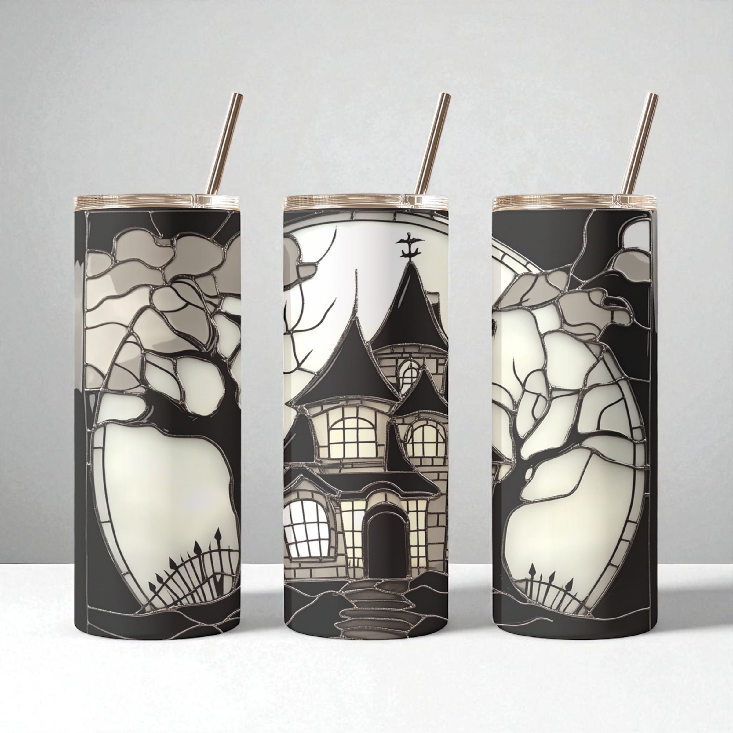 Haunted House Halloween Tumbler – Black & White Gothic Spooky Cup with Straw (20oz Skinny