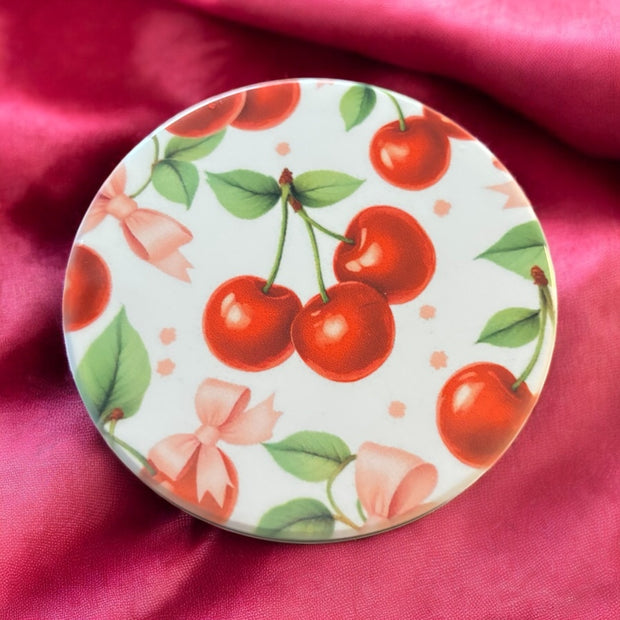 Whimsical Cherry Gnome Ceramic Coaster – Round 4” Drink Coaster with Glossy Finish – Cute Summer Table Decor