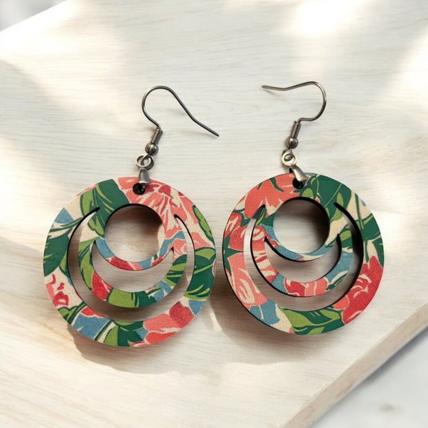 Preppy Floral Wooden Earrings | 1.5” Sublimated Ink Lightweight Dangles | Handmade Boho Jewelry
