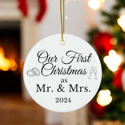 Christmas Mr and Mrs Ceramic Ornament, First Married Holiday Gift, Newlyweds Keepsake Decoration, Tree Decor, Wedding Present, Xmas Bauble,