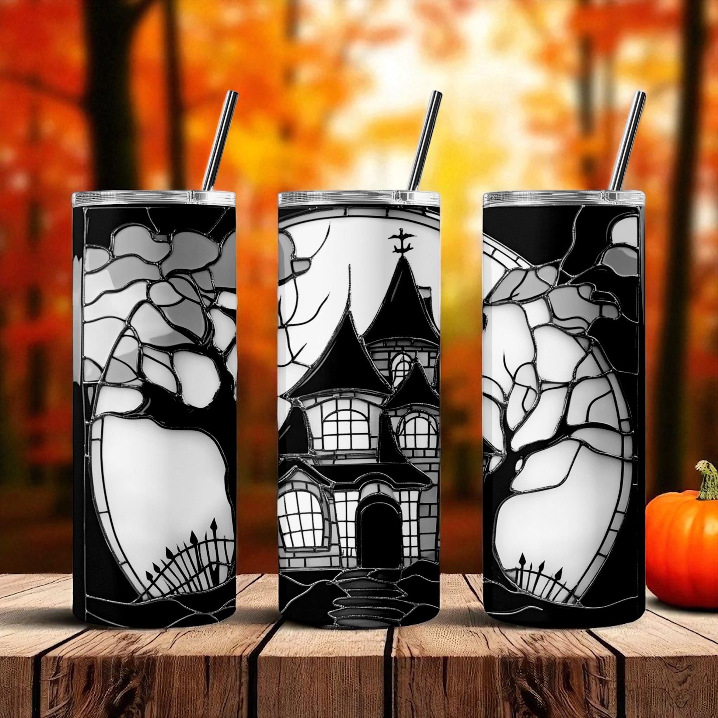 Haunted House Halloween Tumbler – Black & White Gothic Spooky Cup with Straw (20oz Skinny
