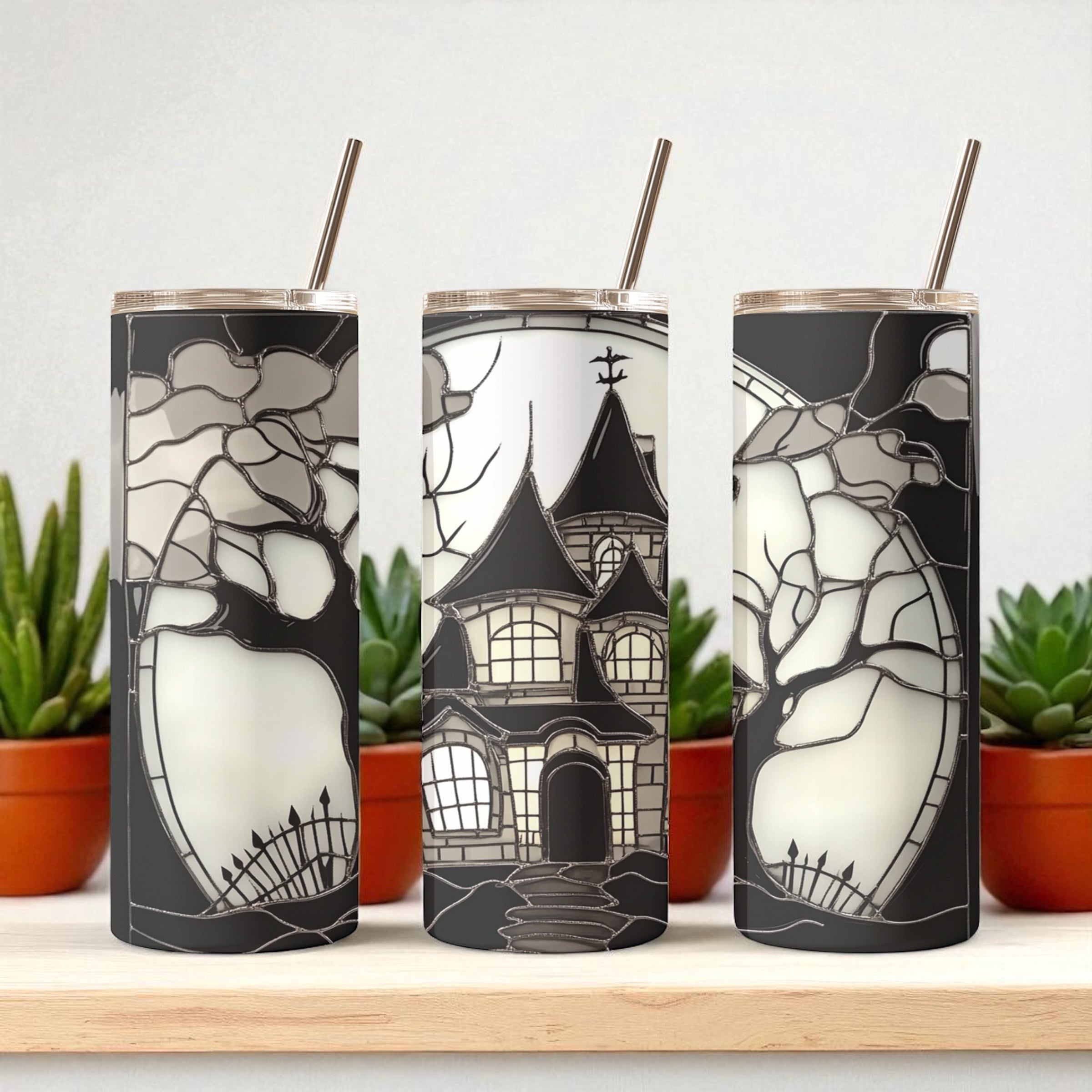 Haunted House Halloween Tumbler – Black & White Gothic Spooky Cup with Straw (20oz Skinny
