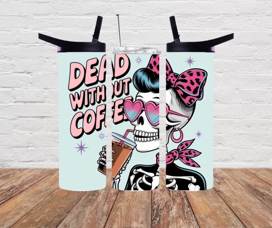 20oz Stainless Steel Skinny Tumblers – Vibrant Skeleton Caffeine/ sarcasm | Frosted Tumbler Co