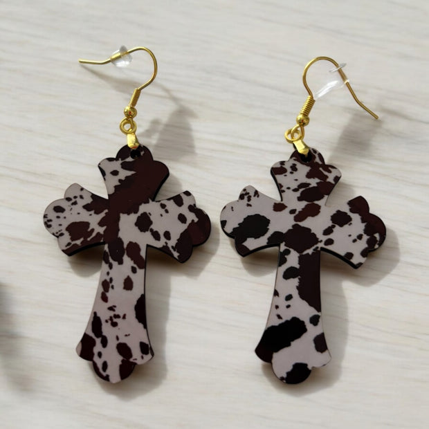 Cow Print Cross Earrings