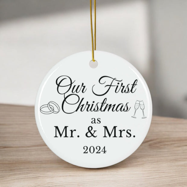 Christmas Mr and Mrs Ceramic Ornament, First Married Holiday Gift, Newlyweds Keepsake Decoration, Tree Decor, Wedding Present, Xmas Bauble,