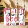Sip in spooky style! The Boo Crew ghost tumbler features a pink drip design, 20oz insulated size, and comes with straw & lid – perfect for Halloween