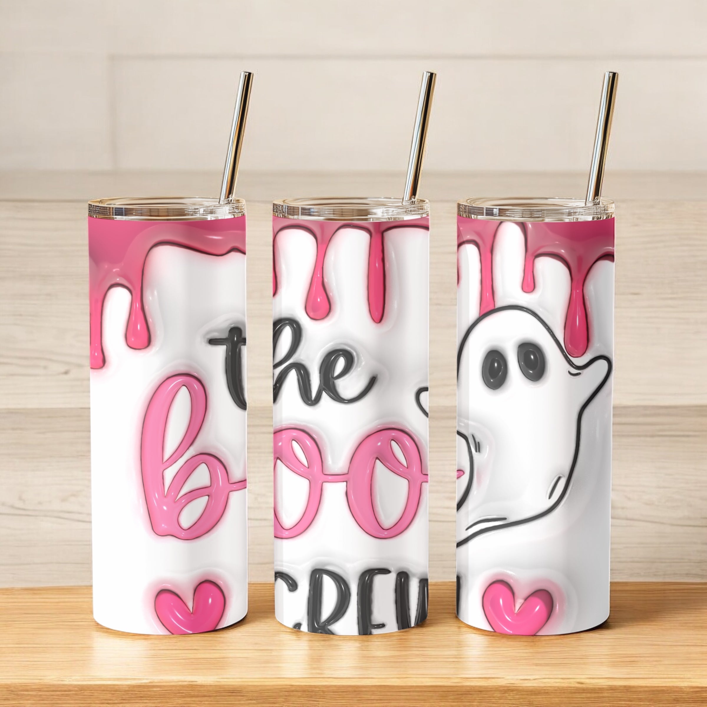 Sip in spooky style! The Boo Crew ghost tumbler features a pink drip design, 20oz insulated size, and comes with straw & lid – perfect for Halloween