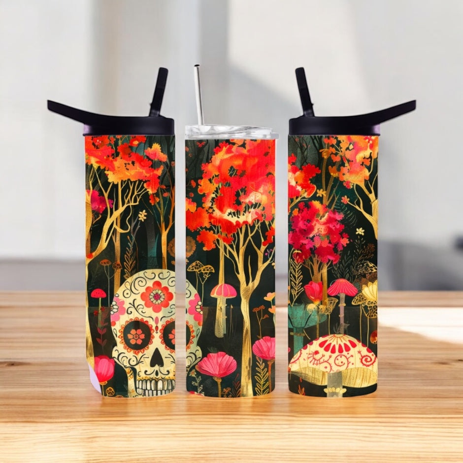 20oz Stainless Steel Skinny Tumblers – Vibrant Sugar Skull & Autumn Forest Designs | Frosted Tumbler Co