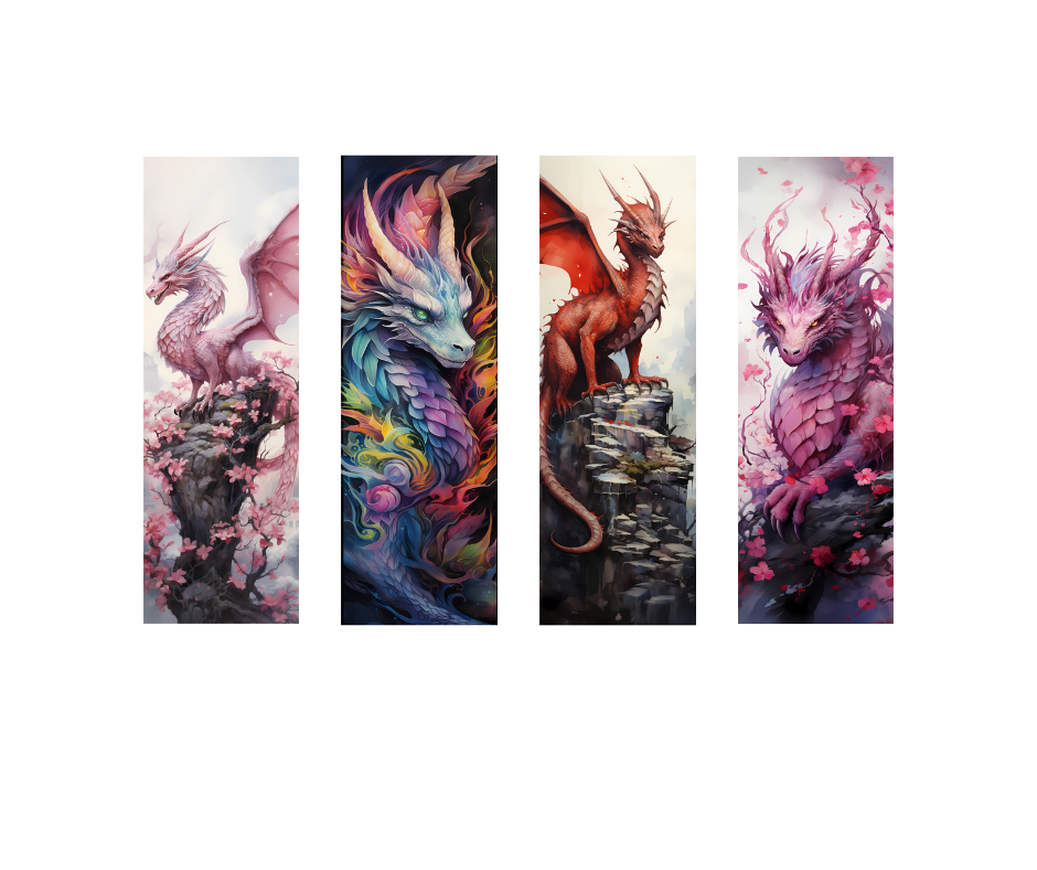 Watercolor Dragon Bookmarks Set of 4- pink theme