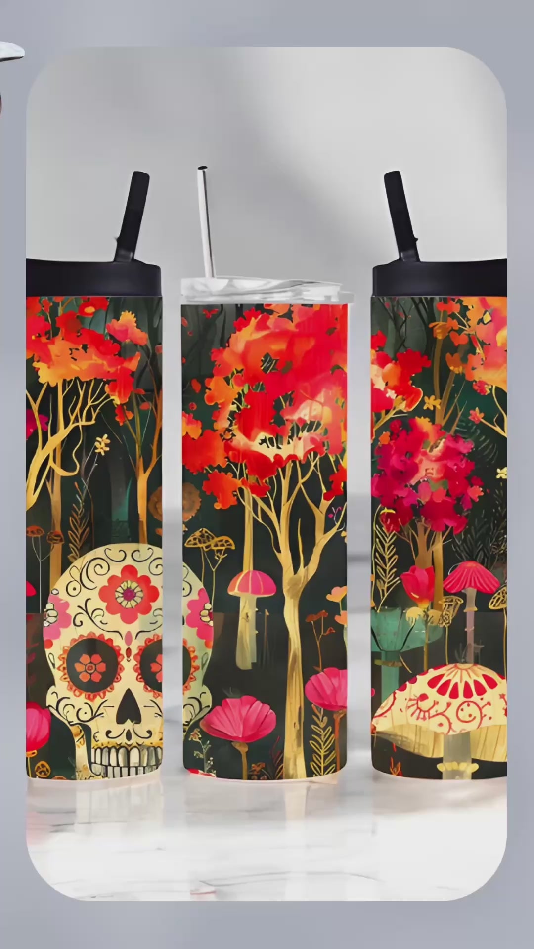 20oz Stainless Steel Skinny Tumblers – Vibrant Sugar Skull & Autumn Forest Designs | Frosted Tumbler Co